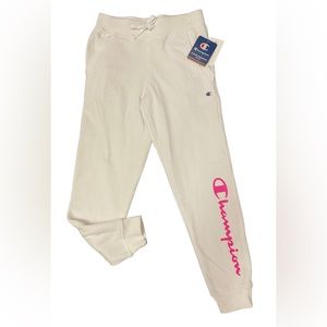 Champions Fleece Joggers Size:M white and pink script logo